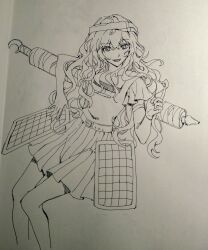 Rule 34 | 1other, absurdres, androgynous, ballpoint pen (medium), belt, chinese commentary, commentary request, curly hair, greyscale, headband, highres, komatsu2536, len&#039;en, long hair, looking at viewer, monochrome, open mouth, other focus, pleated skirt, shield, simple background, skirt, smile, solo, taira no fumikado, traditional media, white background
