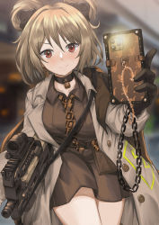 Rule 34 | 1girl, black gloves, blurry, blurry background, blush, breasts, bullpup, choker, closed mouth, collared shirt, commentary, cowboy shot, double bun, english commentary, girls&#039; frontline, gloves, gun, hair between eyes, hair bun, highres, holding, holding phone, jacket, light brown hair, looking at viewer, necktie, official alternate costume, open clothes, open jacket, p90, p90 (girls&#039; frontline), p90 (the girl from b.e.l) (girls&#039; frontline), persocon93, personal defense weapon, phone, red eyes, shirt, short hair, smile, solo, submachine gun, weapon