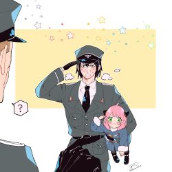 Rule 34 | 1girl, 2boys, :&lt;, ?, ahoge, anya (spy x family), awarinko, bangs, black gloves, black hair, black necktie, blue coat, coat, collared shirt, commentary request, female child, fur trim, gloves, green eyes, greyscale, hat, highres, military, military hat, military uniform, monochrome, multiple boys, necktie, pink hair, pointing, pointing at another, red eyes, salute, shirt, spoken question mark, spy x family, sweat, sweating profusely, uncle and niece, uniform, wing collar, yuri briar