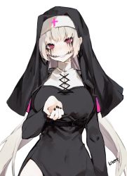 Rule 34 | 1girl, absurdres, arm at side, artist name, black dress, black nails, blush, breasts, commentary request, covered navel, cowboy shot, cross print, dress, earrings, grin, habit, highres, jewelry, kitere, large breasts, long hair, long sleeves, looking at viewer, nail polish, nun, original, parted lips, red eyes, simple background, smile, solo, teeth, upper body, white background