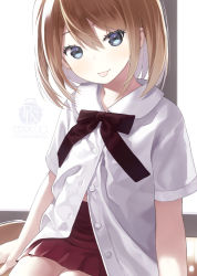 Rule 34 | 1girl, :p, artist name, blue eyes, blush, bow, brown bow, capriccio, chair, closed mouth, collared shirt, commentary request, dress shirt, hair between eyes, head tilt, indoors, light brown hair, original, red skirt, school chair, shirt, short sleeves, sitting, skirt, smile, solo, tongue, tongue out, white shirt