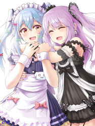 Rule 34 | 1boy, 1girl, :d, absurdres, apron, blush, closed eyes, commentary request, cowboy shot, cuff links, dress, eyelashes, fang, frills, glomp, highres, hololive, hug, hug from behind, inuyama tamaki, jtleeklm, long hair, maid headdress, noripro, open mouth, short dress, simple background, smile, sweatdrop, trap, twintails, two side up, uruha rushia, uruha rushia (3rd costume), virtual youtuber, white background, wrist cuffs