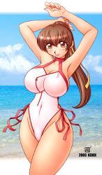 Rule 34 | 00s, 1girl, 2003, armpits, arms up, blush, breasts, brown eyes, brown hair, cameltoe, casual one-piece swimsuit, curvy, dead or alive, highleg, highleg swimsuit, hip focus, kasumi (doa), kenix, large breasts, one-piece swimsuit, photo background, ponytail, smile, solo, swimsuit, tecmo, wide hips