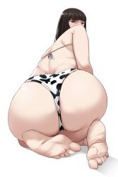 Rule 34 | 1girl, absurdres, animal print, ass, ass focus, back, barefoot, bellone, bikini, blunt bangs, blush, brown eyes, brown hair, commentary, covered mouth, cow print, cow print bikini, from behind, full body, furrowed brow, girls und panzer, highres, long hair, looking at viewer, looking back, mature female, micro bikini, nishizumi shiho, print bikini, seiza, simple background, sitting, soles, solo, straight hair, string bikini, swimsuit, white background
