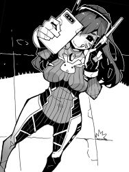 Rule 34 | 1girl, animal print, bodysuit, commentary, d.va (overwatch), dowman sayman, facepaint, facial mark, gloves, greyscale, headphones, highres, holding, holding phone, long hair, monochrome, overwatch, overwatch 1, phone, pilot suit, rabbit print, selfie, smile, solo, swept bangs, tongue, tongue out, v