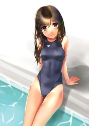Rule 34 | 1girl, arm support, bare shoulders, brown eyes, brown hair, competition swimsuit, cowboy shot, katahira masashi, leaning back, long hair, looking at viewer, one-piece swimsuit, original, pool, poolside, sitting, smile, soaking feet, solo, swimsuit, water