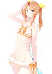 Rule 34 | 10s, 1girl, alternate costume, arm behind back, arm behind head, arm up, bare shoulders, bikini, bottle, bright background, eyebrows, flat chest, hair ribbon, highres, holding, holding bottle, kagerou (kancolle), kantai collection, long hair, looking at viewer, navel, orange hair, ribbon, simple background, smile, solo, swimsuit, takamura wamu, twintails, white background