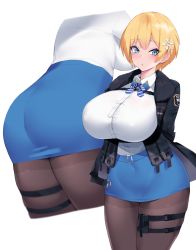 Rule 34 | 1girl, arms behind back, ass, black jacket, blonde hair, blue eyes, blue skirt, blush, breasts, buttons, girls&#039; frontline, hair ornament, holster, huge breasts, impossible clothes, jacket, kuavera, mole, mole under eye, pantyhose, parted lips, pouch, shirt, short hair, simple background, skirt, snowflake hair ornament, solo, thigh holster, vsk-94 (girls&#039; frontline), white background