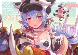 Rule 34 | 1girl, 2021, animal ears, animal print, bare shoulders, bikini, blue hair, blush, breasts, catura (granblue fantasy), cleavage, cow, cow ears, cow girl, cow hat, cow horns, cow print, cow tail, detached collar, detached sleeves, draph, ear piercing, gradient background, granblue fantasy, green background, horns, houjicha p, large breasts, leaning forward, long hair, looking at viewer, motor vehicle, motorcycle, navel, on motorcycle, open mouth, piercing, pointy ears, see-through, short shorts, shorts, smile, solo, swimsuit, tail, thighhighs, thighs, white bikini, white shorts, white thighhighs, wide sleeves