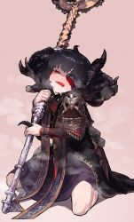 Rule 34 | 1girl, absurdres, ahoge, black cloak, black hair, black nails, blush, cloak, clothing request, ekrea jan, elden ring, fang, genderswap, genderswap (mtf), gradient background, highres, holding, holding polearm, holding weapon, horns, huge weapon, long sleeves, mohg lord of blood, nail polish, one eye closed, open mouth, polearm, short hair, simple background, sitting, solo, steam, sweat, wariza, weapon