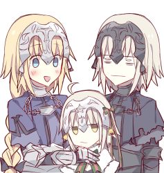 Rule 34 | 3girls, ahoge, bags under eyes, bell, blonde hair, blue eyes, capelet, chain, commentary, fate/apocrypha, fate/grand order, fate (series), gauntlets, headpiece, jeanne d&#039;arc (fate), jeanne d&#039;arc (ruler) (fate), jeanne d&#039;arc alter (avenger) (fate), jeanne d&#039;arc alter (fate), jeanne d&#039;arc alter santa lily (fate), jingle bell, jitome, kvlen, long hair, multiple girls, open mouth, short hair, smile, yellow eyes
