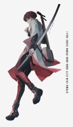 Rule 34 | 1boy, black pants, fate/grand order, fate (series), hair between eyes, holding, holding sword, holding weapon, instrument, instrument on back, jacket, japanese clothes, long sleeves, looking to the side, pants, red eyes, red hair, sei 8220, shamisen, short hair, solo, sword, takasugi shinsaku (fate), takasugi shinsaku (first ascension) (fate), weapon, white background, white jacket