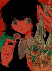 Rule 34 | 12anchovy, 1girl, abstract background, aqua eyes, aqua necktie, arm up, bag, black hair, candy, candy wrapper, dripping, fingernails, food, highres, holding, holding bag, holding candy, holding food, holding lollipop, lollipop, medium hair, messy hair, multicolored eyes, necktie, original, parted lips, pink eyes, signature, solo, striped necktie, transparent, upper body