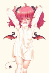Rule 34 | 1girl, ahoge, arms up, beige background, blush, child, demon tail, demon wings, dress, closed eyes, fang, hair ornament, hair over one eye, hizuki akira, long sleeves, open mouth, original, pink hair, ribbed sweater, scrunchie, short twintails, simple background, solo, standing, sweater, sweater dress, tail, teeth, thighhighs, twintails, white sweater, white thighhighs, wings, yawning