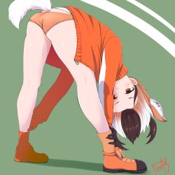 Rule 34 | 1girl, animal ear fluff, animal ears, antlers, ass, bent over, brown hair, buruma, commentary, extra ears, horizontal pupils, horns, jacket, kemono friends, kemono friends 2, looking at viewer, multicolored hair, orange eyes, orange hair, picolette xiii, pronghorn (kemono friends), simple background, solo, tail, track jacket, wedgie, white hair