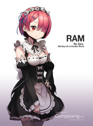 Rule 34 | 10s, 1girl, absurdres, apron, artist name, bare shoulders, blush, breasts, character name, cleavage, closed mouth, copyright name, detached sleeves, dress, english text, frilled apron, frills, frown, gradient background, gunppang, hair ornament, hair over one eye, hairband, hand on own hip, head tilt, highres, long sleeves, looking at viewer, maid, medium breasts, pink hair, ram (re:zero), re:zero kara hajimeru isekai seikatsu, red eyes, ribbon-trimmed clothes, ribbon-trimmed legwear, ribbon trim, short hair, solo, thighhighs, waist apron, white apron, white thighhighs, x hair ornament