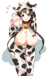 Rule 34 | 1girl, animal print, barcode, barcode tattoo, blush, breasts, breasts out, brown hair, cow print, green eyes, hood, hoodie, huge breasts, iwato kasumi, leaning forward, long hair, looking at viewer, milk, momoiro tunozemi, neck bell, nipples, open mouth, saki (manga), smile, solo, standing, tattoo