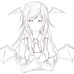 Rule 34 | 1girl, bat wings, book, hugging book, dress shirt, face, head wings, holding, holding book, kawashina (momen silicon), koakuma, lineart, long hair, long sleeves, looking at viewer, low wings, monochrome, necktie, hugging object, shirt, smile, solo, touhou, transparent background, vest, wings