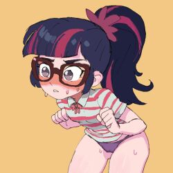 Rule 34 | 1girl, black hair, blue shirt, blush, bow, bowtie, breasts, delpha crisis, glasses, hair ornament, hasbro, long hair, multicolored hair, my little pony, my little pony: equestria girls, my little pony: friendship is magic, panties, parted lips, pink hair, ponytail, purple eyes, purple panties, red bow, red bowtie, sci-twi, shirt, short sleeves, small breasts, standing, streaked hair, striped clothes, striped shirt, sweat, teeth, twilight sparkle, underwear, yellow background