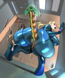 Rule 34 | 1girl, absurdres, anal, anal beads, artist name, ass, blonde hair, blue bodysuit, blue eyes, blue lips, bodysuit, breasts, cameltoe, cleft of venus, commentary, covered erect nipples, flying sweatdrops, highres, large breasts, lipstick, long hair, makeup, metroid, metroid (creature), namespace, nintendo, samus aran, sex toy, signature, solo, squatting, zero suit