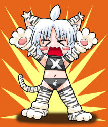 Rule 34 | &gt; &lt;, 1girl, animal costume, animal hands, animal print, arms up, closed eyes, midriff, navel, no nose, open mouth, orange background, os-tan, osx, short hair, solo, thighhighs, tiger, tiger costume, tiger print, white hair
