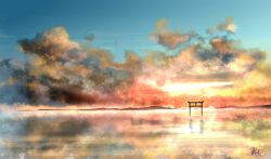 Rule 34 | absurdres, blue sky, chinese commentary, cloud, commentary request, highres, light particles, mountainous horizon, no humans, original, outdoors, reflection, rune xiao, scenery, signature, sky, still life, sunset, torii