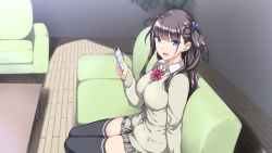 Rule 34 | 1girl, black hair, black thighhighs, blue eyes, bow, bowtie, breasts, cellphone, couch, eyebrows, from above, hand up, highres, holding, holding phone, indoors, k-ten, large breasts, legs, long hair, long sleeves, looking at viewer, open mouth, ore wo baka ni suru kuso namaiki na imouto no yowami wo nigittan de onii chinpo senyou no imouto onaho ni shitatta w, original, phone, plant, school uniform, sitting, skirt, solo, table, thighhighs, thighs, twintails, wooden floor, zettai ryouiki