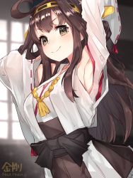 Rule 34 | 1girl, ahoge, brown eyes, brown hair, detached sleeves, hairband, headgear, highres, japanese clothes, kantai collection, kongou (kancolle), long hair, mika pikazo, nontraditional miko, smile, solo