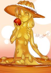 Rule 34 | 1girl, akira (meltyhip), apple, blonde hair, braid, breasts, closed mouth, colored sclera, colored skin, completely nude, food, fruit, hair between eyes, hair over shoulder, hat, highres, holding, holding food, holding fruit, long hair, looking at viewer, medium breasts, monster girl, nude, one-hour drawing challenge, original, pudding, red apple, signature, single braid, slime girl, smile, solo, sun hat, yellow eyes, yellow sclera, yellow skin