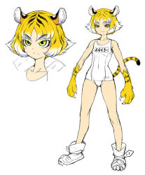 Rule 34 | 1girl, animal ears, bare legs, blonde hair, cat tail, character sheet, claws, full body, lilith-soft, long hair, looking away, one-piece swimsuit, serious, short hair, simple background, solo, standing, swimsuit, tail, taimanin (series), taimanin rpgx, thighs, torajiro (taimanin series), white background, zol