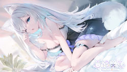 Rule 34 | 1girl, andychen, animal ear fluff, animal ears, bare legs, bare shoulders, barefoot, black skirt, blue eyes, breasts, cleavage, dutch angle, fang, frilled skirt, frills, full body, hand up, high-waist skirt, indie virtual youtuber, lace, lace-trimmed shirt, lace trim, large breasts, light particles, long hair, looking at viewer, mole, mole on breast, one eye closed, open mouth, plant, rubbing eyes, shirogane momo, shirt, simple background, sitting, skin fang, skirt, solo, strap slip, tail, thigh strap, very long hair, virtual youtuber, white hair, white shirt