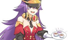 Rule 34 | 1girl, :d, absurdres, bare shoulders, black hat, black necktie, breasts, bright pupils, chevreuse (genshin impact), commentary, cup, detached sleeves, dress, earmuffs, earmuffs around neck, eyepatch, genshin impact, hat, highres, holding, holding tray, multicolored hair, necktie, open mouth, puffy sleeves, purple eyes, purple hair, red dress, shako cap, simple background, small breasts, smile, solo, strapless, strapless dress, streaked hair, teacup, tray, u.u (animator uu), upper body, white background, white hair, white pupils