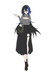 Rule 34 | 1girl, ash kabon, black footwear, black hair, black skirt, blue eyes, blue hair, breasts, chain, cigarette, commentary request, full body, hair between eyes, highres, holding, holding cigarette, jewelry, large breasts, long hair, long sleeves, multicolored hair, necklace, original, ribbed sweater, shirt, sidelocks, simple background, skirt, smile, solo, standing, streaked hair, sweater, thigh strap, two-tone hair, very long hair, white background