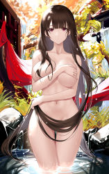 Rule 34 | 1girl, absurdres, an yasuri, bathing, blunt bangs, breasts, brown hair, cleavage, collarbone, commentary, completely nude, covering privates, covering breasts, groin, hair censor, highres, large breasts, long hair, looking at viewer, navel, nude, original, parted lips, purple eyes, revision, solo, thighs, very long hair, wading, water, wet