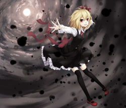Rule 34 | 1girl, black thighhighs, blonde hair, bow, circle skirt, cloudy.r, female focus, full body, hair ribbon, highres, mary janes, outstretched arms, red eyes, ribbon, rumia, shoes, short hair, skirt, skirt set, smile, solo, spread arms, thighhighs, touhou, zzz36951