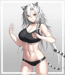 Rule 34 | 1girl, :d, absurdres, animal ears, arknights, bare arms, bare shoulders, black choker, black panties, breasts, choker, chun bae, cleavage, collarbone, commentary request, cowboy shot, crop top, facial scar, gradient background, grey background, hair between eyes, highres, indra (arknights), korean commentary, large breasts, midriff, navel, open mouth, panties, scar, scar on cheek, scar on face, scar on nose, silver hair, smile, solo, sports bra, standing, stomach, tail, thighs, tiger ears, tiger tail, underwear, yellow eyes
