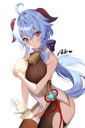 Rule 34 | 1girl, ahoge, aile (crossroads), arm support, artist name, back bow, bare arms, bare shoulders, bell, black pantyhose, blue hair, blush, bodystocking, bodystocking, bow, breasts, collar, covering privates, covering breasts, cowbell, detached collar, floating hair, ganyu (genshin impact), genshin impact, goat horns, gradient eyes, hair between eyes, hand on own chest, highres, horns, large breasts, leaning to the side, long hair, looking at viewer, multicolored eyes, neck bell, no detached sleeves, one breast out, pantyhose, parted lips, ponytail, purple eyes, sidelocks, signature, simple background, solo, thighs, torn bodystocking, torn clothes, torn pantyhose, vision (genshin impact), white background, white collar