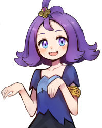 Rule 34 | 1girl, :3, acerola (pokemon), armlet, blush, collarbone, commentary, creatures (company), dress, eyelashes, game freak, gyunre, hair ornament, hands up, highres, looking at viewer, nintendo, open mouth, pokemon, pokemon sm, purple eyes, purple hair, short hair, short sleeves, smile, solo, stitches, tongue, topknot