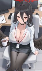 Rule 34 | 1girl, absurdres, black bra, black hair, black pantyhose, black skirt, black wings, blue archive, blush, bra, breasts, buttons, chair, cleavage, closed mouth, coffee, collarbone, computer, cup, feathered wings, feet out of frame, guntree, halo, hasumi (blue archive), highres, holding, holding cup, huge breasts, id card, keyboard (computer), knees together feet apart, light smile, long hair, long sleeves, looking at viewer, mole, mole under eye, monitor, mouse (computer), office lady, pantyhose, pen, pencil skirt, red eyes, red halo, shirt, sitting, skirt, solo, underwear, white shirt, wings