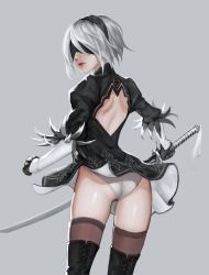 Rule 34 | 1girl, ass, back cutout, black blindfold, black dress, black hairband, blindfold, boots, clothes lift, clothing cutout, covered eyes, dress, egk513, feather-trimmed sleeves, grey background, hairband, highleg, highleg leotard, highres, holding, holding sword, holding weapon, juliet sleeves, katana, leotard, long sleeves, looking back, mole, mole under mouth, nier (series), nier:automata, nose, parted lips, puffy sleeves, red lips, silver hair, simple background, skirt, skirt lift, solo, sword, thigh boots, thighhighs, thighhighs under boots, thighs, two-sided fabric, two-sided skirt, vambraces, weapon, white leotard, wind, wind lift, 2b (nier:automata)