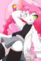 Rule 34 | 1girl, animal ears, artist request, cat busters, cat ears, female focus, furry, furry female, green eyes, highres, long hair, neko hakase (cat busters), no humans, pink hair, solo, tongue, twintails