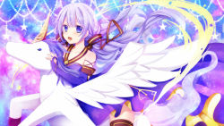 Rule 34 | 1girl, :d, animal, azur lane, bare shoulders, black thighhighs, blush, collarbone, commentary request, cosplay, detached sleeves, dress, feathered wings, hair between eyes, halterneck, inuro neko (kuro-nyan), long hair, long sleeves, looking at viewer, open mouth, purple dress, purple eyes, purple hair, riding, sidelocks, sleeves past wrists, smile, solo, star (symbol), thighhighs, unicorn (azur lane), very long hair, vocaloid, white wings, winged unicorn, wings, xingchen, xingchen (cosplay)