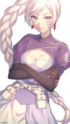 Rule 34 | 1girl, belt, black gloves, blue eyes, braid, braided ponytail, breasts, cleavage, crossed arms, dress, earrings, elbow gloves, floating hair, gloves, high side ponytail, highres, jewelry, kio rojine, long hair, looking at viewer, medium breasts, pouch, rwby, scar, scar across eye, scar on face, shrug (clothing), simple background, snowflake print, solo, very long hair, weiss schnee, white background, white belt, white hair