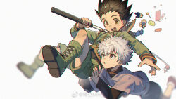 Rule 34 | 2boys, aozora sora, artist name, catching, child, commentary, english commentary, falling, fishing rod, friends, gon freecss, green footwear, highres, hunter x hunter, killua zoldyck, long sleeves, male focus, messy hair, multiple boys, open mouth, short hair, shorts, spiked hair, teeth, toy, upper teeth only, yellow eyes
