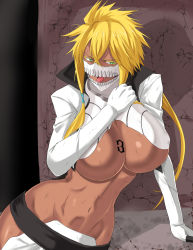 Rule 34 | 1girl, bleach, blonde hair, breast tattoo, breasts, colored eyelashes, dark-skinned female, dark skin, eyelashes, female focus, green eyes, hair between eyes, highres, huge breasts, mask, midriff, mouth mask, navel, open mouth, revealing clothes, short hair with long locks, solo, stomach, takara joney, tattoo, tier harribel, tongue, tongue out