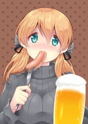 Rule 34 | 1girl, alcohol, alternate costume, anchor hair ornament, aqua eyes, beer, beer mug, blonde hair, breasts, brown background, cup, eating, food, grey sweater, hair ornament, kantai collection, large breasts, long hair, mug, polka dot, polka dot background, prinz eugen (kancolle), ribbed sweater, sausage, solo, sweater, tsukimochikuriko (tsukimochi k), twintails, upper body