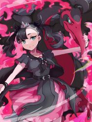 Rule 34 | 1girl, absurdres, black dress, black hair, black wristband, blue eyes, closed mouth, creatures (company), dress, fire, galarian form, galarian moltres, game freak, gen 8 pokemon, highres, layered dress, legendary pokemon, looking at viewer, marnie (champion) (pokemon), marnie (pokemon), nintendo, official alternate costume, official alternate hairstyle, pink nails, piyo to game, pokemon, pokemon (creature), pokemon masters ex, short sleeves, smile, solo, tiara, twintails, wristband