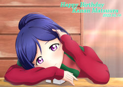 Rule 34 | 1girl, absurdres, artist name, artist request, blue hair, blush, elbow on knee, female focus, green scarf, hair between eyes, hand on own head, high ponytail, highres, long hair, long sleeves, looking at viewer, love live!, love live! sunshine!!, matsuura kanan, nail, nail polish, parted lips, pink nails, pink nails, ponytail, purple eyes, red scarf, red sweater, scarf, smile, solo, sweater, table, upper body