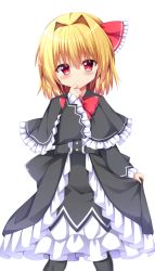 Rule 34 | 1girl, alternate costume, arm up, belt, black capelet, black dress, black pantyhose, blonde hair, blush, bow, bowtie, brooch, capelet, cowboy shot, dress, expressionless, frilled capelet, frilled skirt, frills, gothic lolita, hair between eyes, hair intakes, hair ribbon, hand on own face, head tilt, highres, jewelry, light blush, lolita fashion, long sleeves, looking at viewer, pantyhose, petticoat, red bow, red bowtie, ribbon, rumia, sabana, short hair, simple background, skirt, skirt hold, solo, standing, touhou, white background, wide sleeves