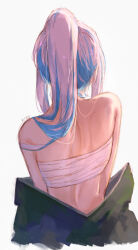 Rule 34 | 1girl, bare shoulders, blue hair, chest sarashi, clothes pull, facing away, from behind, highres, hitanu, lize helesta, long hair, multicolored hair, nijisanji, ponytail, sarashi, simple background, solo, two-tone hair, upper body, virtual youtuber, white background, white hair